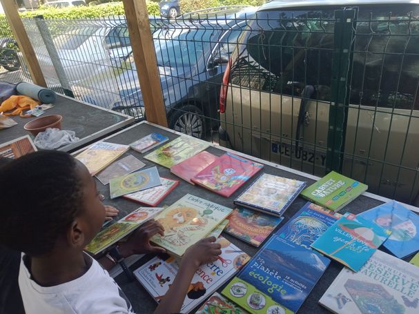 Distribution de livres et de plantes en pots